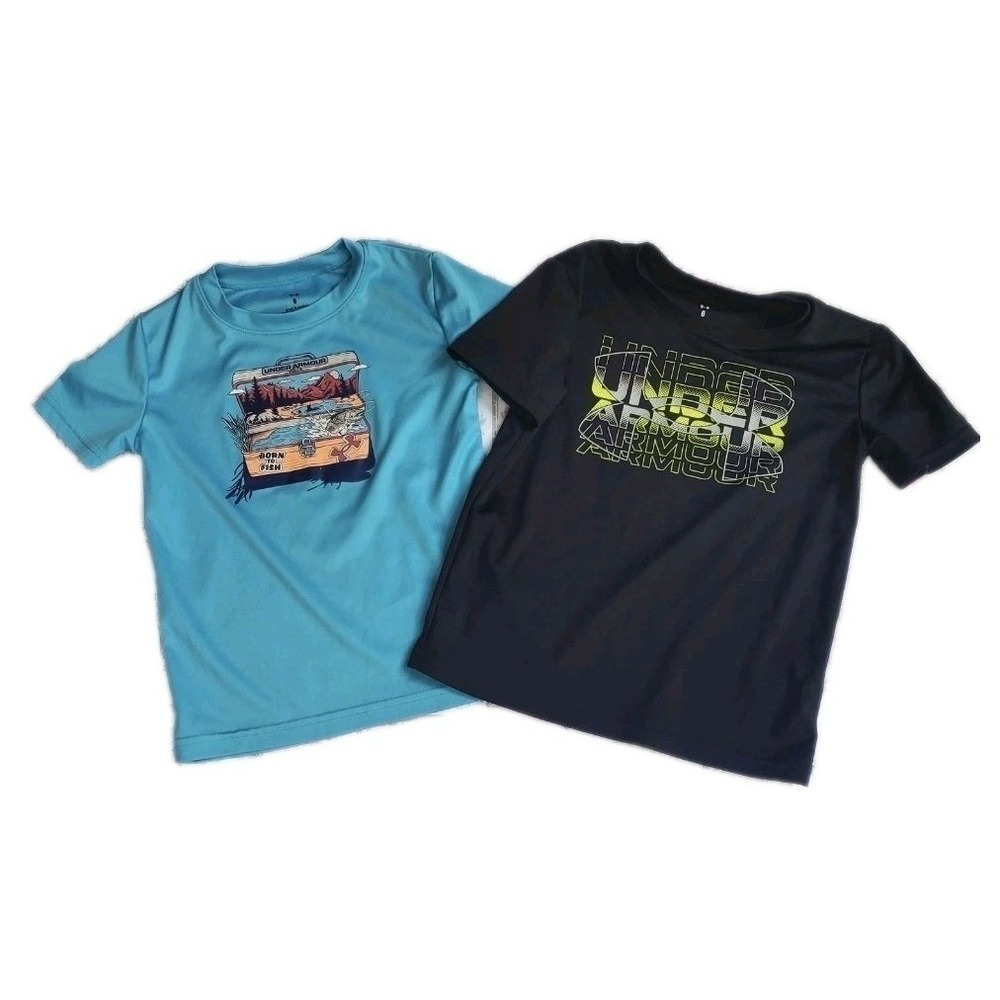 Under Armour Lot of 2 Boys Size 6 Black Graphic & Blue Performance T-Shirts